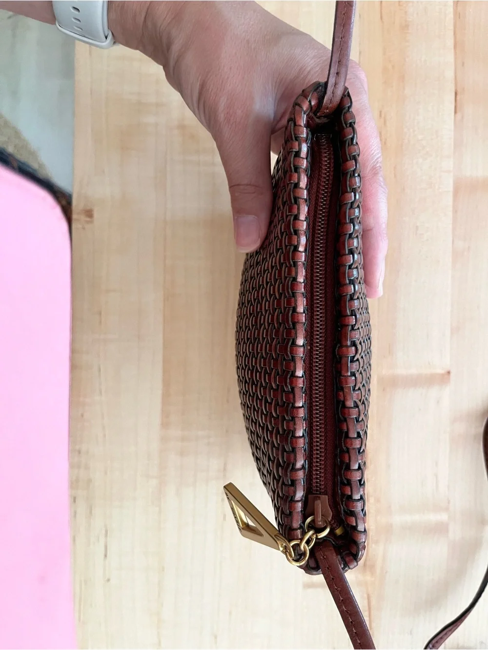 Americana by Sharif Woven Mini Crossbody Bag in Rich Brown with Gold Accent